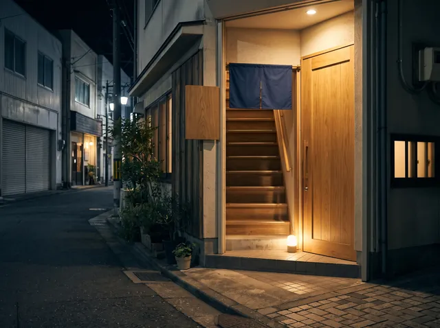 夜の静かな通りにあるビルの入口。藍色ののれんと木の扉、2階への階段