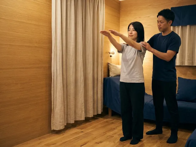 両腕を前に上げたお客様の肩に、トレーナーが軽く手を添えて動きを確かめている