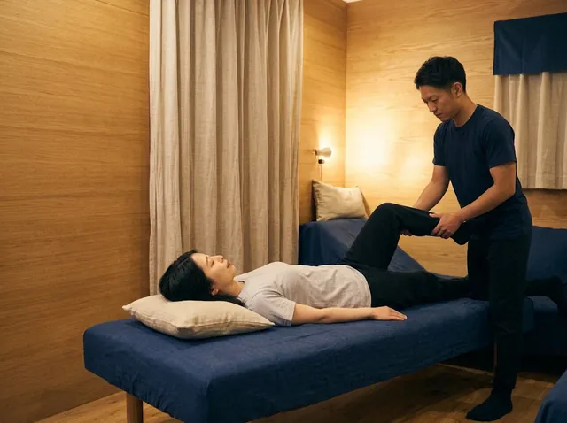 仰向けのお客様の片脚を、トレーナーが両手で支えてやさしく伸ばしている