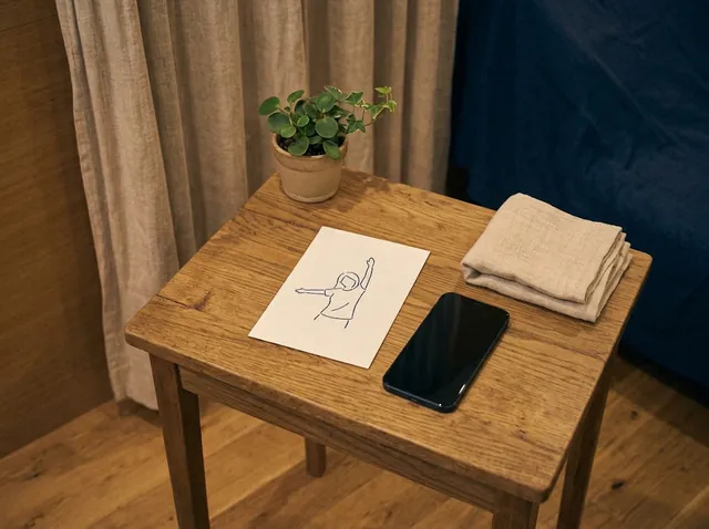 木の机の上に、ストレッチの線画が描かれたカードとスマートフォン、麻のタオル